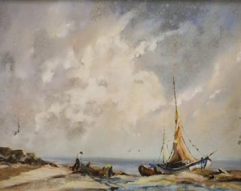 Gudrun Barbara Sibbons (1925-), oil on board, 'Drying nets, mouth of Avon, Christchurch, Hants', inscribed verso and dated 1955, 39 x 49cm. Condition - poor to fair